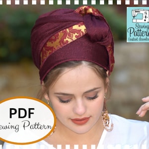 May include: A sewing pattern for a burgundy turban with a gold patterned trim. The pattern is available as a PDF download. "PDF Sewing Pattern" is written in a brown oval on the image.