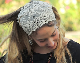 Stunning Cream Lace Headband Bandana, Tichel, Head Covering,scarf, Half Coveing, Pre-tied,loss Hair