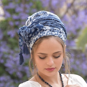 Geweldige zachte blauwwitte hoofddoek TICHEL, haarband, hoofddoek, hoofdbedekking, Joodse hoofdbedekking, sjaal, bandana, schort