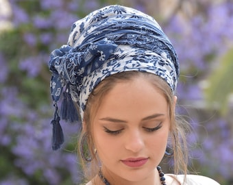 Verbazingwekkende zachte blauwe witte hoofddoek TICHEL, haar haarband, hoofddoek, hoofdbedekking, joodse hoofdbedekking, sjaal, bandana, schort