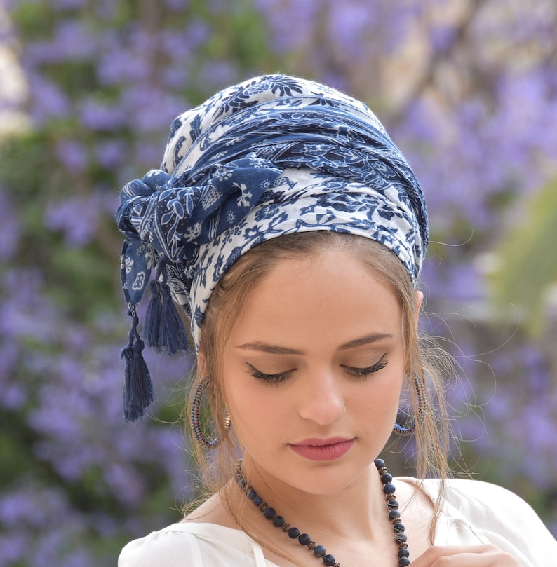 Amazing Soft Blue White Headscarf TICHEL, Hair Snood, Head Scarf, Head Covering, Jewish headcovering, Scarf, Bandana, Apron image 1