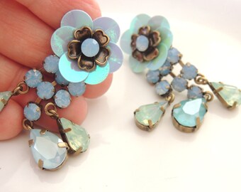 1420 スカイブルーゴールドフラワー ハンドメイド イヤリング 見事な