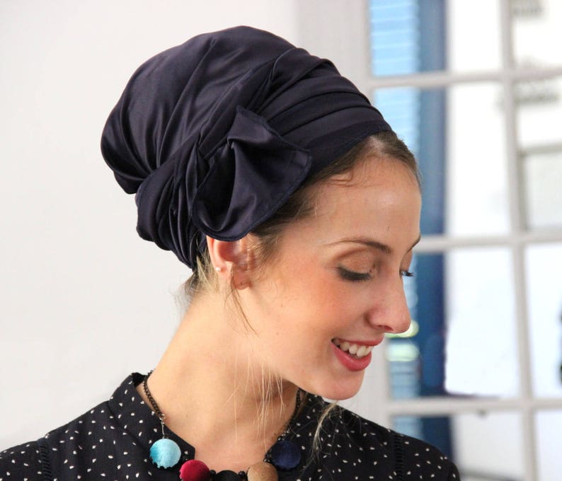 Blue Navy Stretched Satin Turban Sinartichelhair Snood Head - Etsy