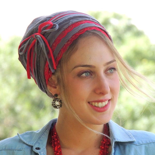 Fabulous Grey Red Tichel, Hair Snood, Head Scarf, Head Covering, Jewish Headcovering, Scarf, Bandana, Apron