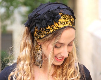 Stunning Black Yellow Ruffle Bandana, Headband Tichel, Chemo Hair Snood, Head Scarf, Head Covering, Jewish Headcovering, Scarf, Hat Bandana