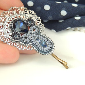 Stately Silver Blue color Hair Pin handmade by Sara Attali for your hair or on your tichel Clips bobby hairclips pin hair pin vintage pin