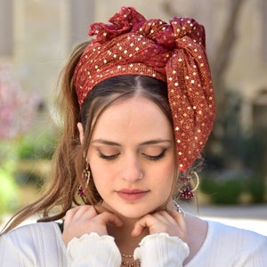 Shlomit Terracotta Foulard, Tichel punteggiato d'oro, Snood per capelli, Sciarpa per la testa, Copricapo, Copricapo ebraico, Sciarpa, Bandana, Grembiule, Chemio