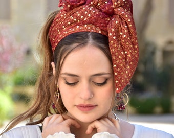 Shlomit Terracotta Headscarf, Gold Dotted Tichel, Hair Snood, Head Scarf, Head Covering, Jewish Head covering, Scarf, Bandana, Apron, Chemo