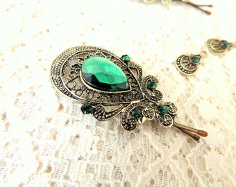 Charming Antique Decoreted Green Hair Clip, Green Old Hair Pin, Beautiful Pin, Hair Broch