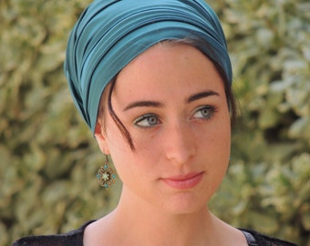 Türkis gestreckter SATIN TURBAN Tichel, Haarschal, Kopftuch, Kopfbedeckung, Jüdische Kopfbedeckung, Schal, Schürze