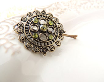 Vintage Antique & Bridal Hair Pin,hair accessory, jewelry, Bronze Hair Clip, Hair pin, Vintage Style Pin with Greens Stones, Bobby Pins