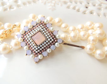 Bridal Rose Pearls Hair Clip Square Vintage Pin on your hair or scarf, Amazing Hair Pin, Hair Clip