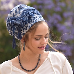 Amazing Soft Blue White Headscarf TICHEL, Hair Snood, Head Scarf, Head Covering, Jewish headcovering, Scarf, Bandana, Apron image 5