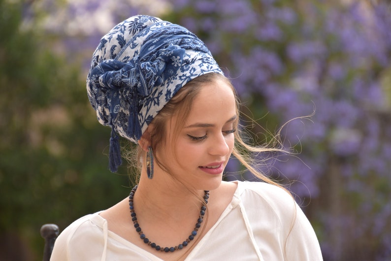 Amazing Soft Blue White Headscarf TICHEL, Hair Snood, Head Scarf, Head Covering, Jewish headcovering, Scarf, Bandana, Apron image 5