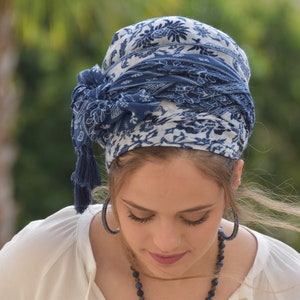 Amazing Soft Blue White Headscarf TICHEL, Hair Snood, Head Scarf, Head Covering, Jewish headcovering, Scarf, Bandana, Apron image 8