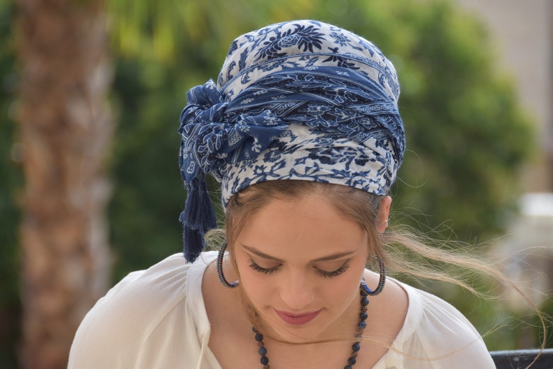 Amazing Soft Blue White Headscarf TICHEL, Hair Snood, Head Scarf, Head Covering, Headcovering judío, Bufanda, Pañuelo, Delantal imagen 8