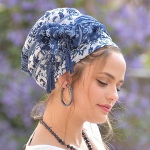 Verbazingwekkende zachte blauwe witte hoofddoek TICHEL, haar haarband, hoofddoek, hoofdbedekking, joodse hoofdbedekking, sjaal, bandana, schort