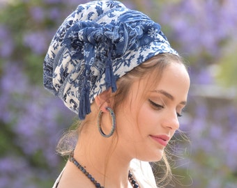 Amazing Soft Blue White Headscarf TICHEL, Hair Snood, Head Scarf, Head Covering, Jewish headcovering, Scarf, Bandana, Apron