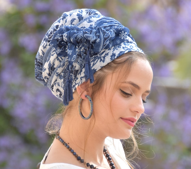 Amazing Soft Blue White Headscarf TICHEL, Hair Snood, Head Scarf, Head Covering, Jewish headcovering, Scarf, Bandana, Apron image 2