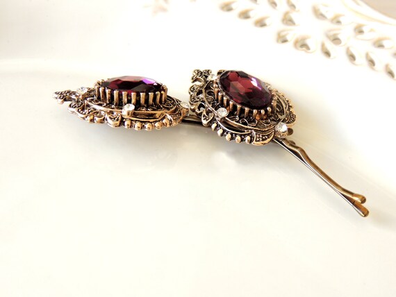 Ancient Vintage Gold Purple Bridal Hair Pin, Hair Accessory  display picture 3