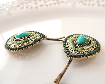 Green Stone Hair Pin, Vintage Style Bobby Pin