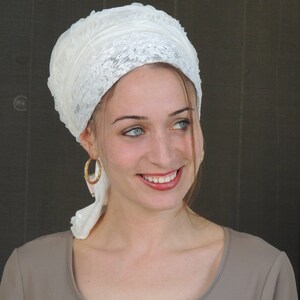 White Shabbat Sinar Tichel, Hair Snood, Head Scarf, Head Covering, Jewish Headcovering, Scarf, Bandana, Apron image 3