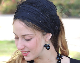 Imperial Black Laces Headband Tichel , Bandana Snood, Head Scarf, Half Head Covering,jewish headcovering,Scarf,Bandana,apron