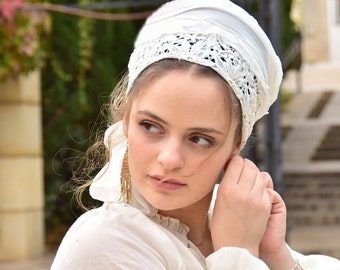 Shenhav White Ruffle Bandana, Headband Tichel, Chemo Hair Snood, Head Scarf, Head Covering, Jewish Headcovering, Scarf, Hat Bandana