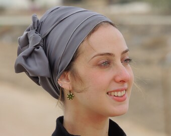 Grey Stretched Satin Turban Sinar Tichel, Hair Snood, Head Scarf, Head Covering, Jewish Headcovering, Scarf, Apron