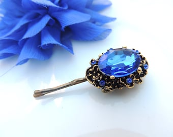 Royal Vintage Antique Style hair pin, bridal hairpin, jewelry, Bronze Hair Clip, Amazing Vintage Style Pin with Blue Stone, Bobby Pins