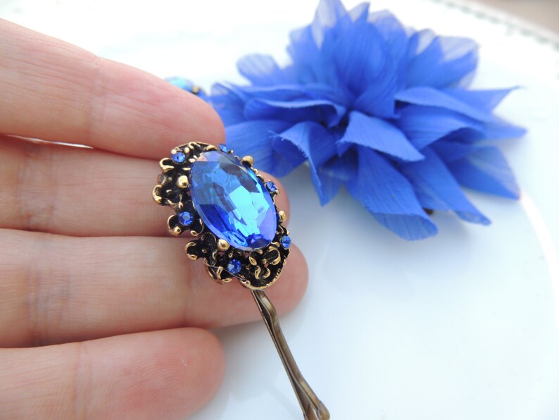 Royal Vintage Antique Style hair pin, bridal hairpin, jewelry, Bronze Hair Clip, Amazing Vintage Style Pin with Blue Stone, Bobby Pins image 2