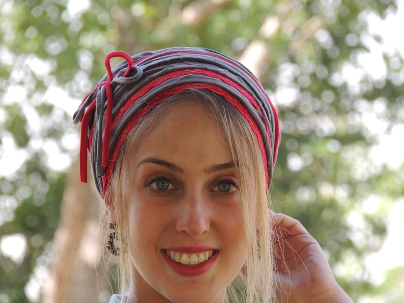 Fabulous Grey Red Tichel, Hair Snood, Head Scarf, Head Covering, Jewish Headcovering, Scarf, Bandana, Apron image 4