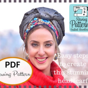 May include: A PDF sewing pattern for a headscarf. The pattern includes easy steps to create a stunning headscarf with a blue and white polka dot fabric and a colourful embroidered trim. The pattern is available for instant download.