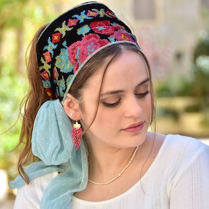 Blossom Headband Tichel, Snood, Head Scarf, Head Covering, Jewish Head Covering, Scarf, Bandana, Apron, Chemo, Loss Hair, Sara Attali, Black