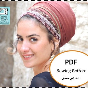 May include: A PDF sewing pattern for a head covering, featuring a woman wearing a brown and gold patterned head wrap. The pattern is by Sara Attali.