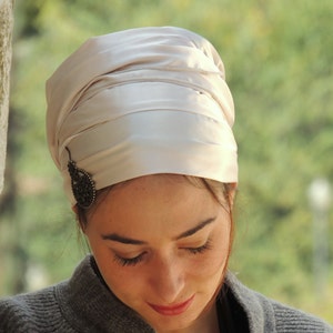 Pearl Color Stretched Satin Turban Sinar Tichel, Hair Snood, Head Scarf, Head Covering, Jewish Headcovering, Scarf, Apron