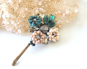 Stately Green Rose Flowers Hair Pin handmade by Sara Attali for your hair or on your tichel Clips bobby hairclips pin hair pin vintage pin