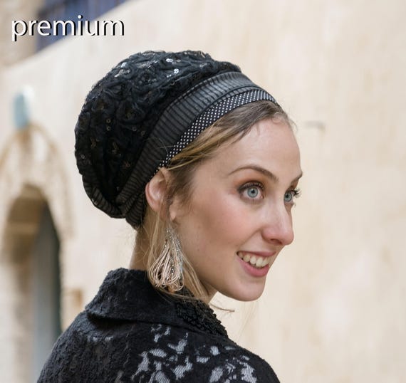 Midnight Sparkling Black Tichel, Hair Snood, Head Scarf  display picture 3