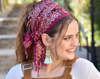 Sunrise Fringes Burgundy Headband, Amazing Bandana, Tichel, Hair Snood, Head Scarf, Hair Covering, Jewish Head covering, Scarf, Bandana