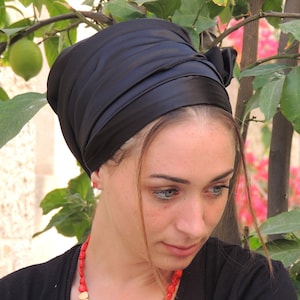 Black Stretched Satin Turban SinarTichel, Hair Snood, Head Scarf, Head Covering, Jewish Headcovering, Scarf, Apron