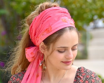 Coral Ruffle Bandana, Headband Tichel, Chemo Hair Snood, Head Scarf, Head Covering, Jewish Head covering, Scarf, Hat Bandana