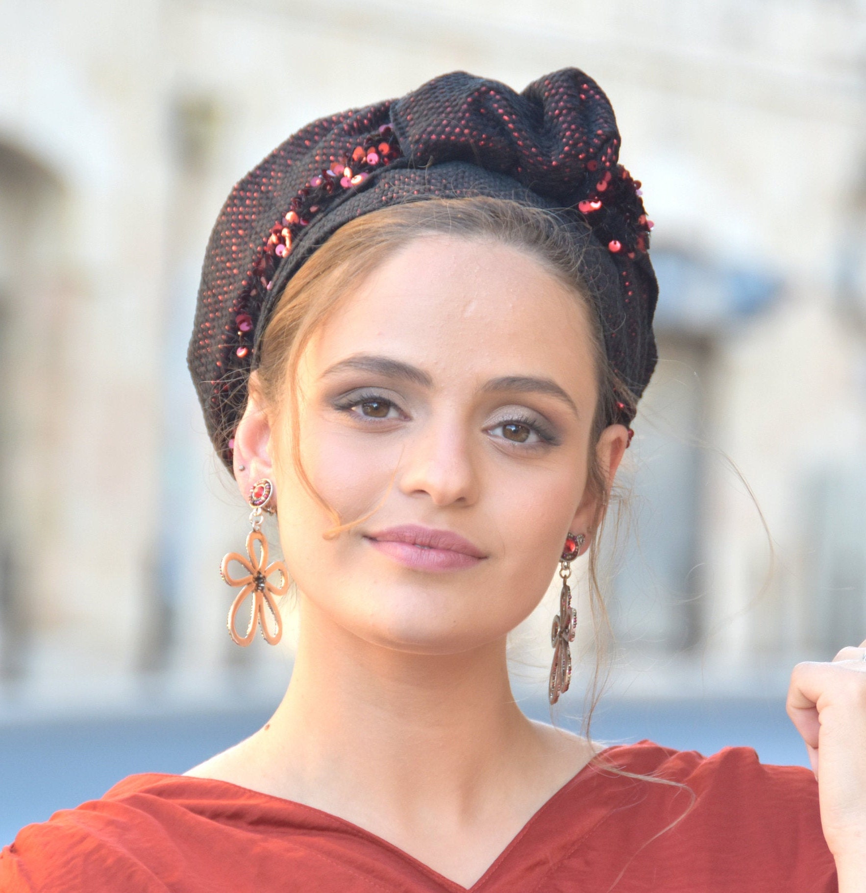 Royality Gorgeous Red Headwrap TICHEL, Hair Snood, Head  display picture 1