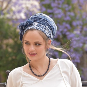 Amazing Soft Blue White Headscarf TICHEL, Hair Snood, Head Scarf, Head Covering, Jewish headcovering, Scarf, Bandana, Apron image 4