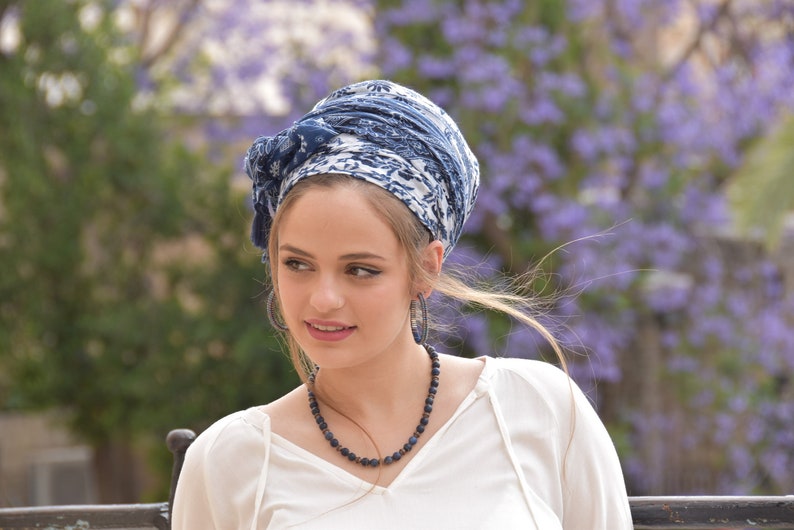 Amazing Soft Blue White Headscarf TICHEL, Hair Snood, Head Scarf, Head Covering, Jewish headcovering, Scarf, Bandana, Apron image 4