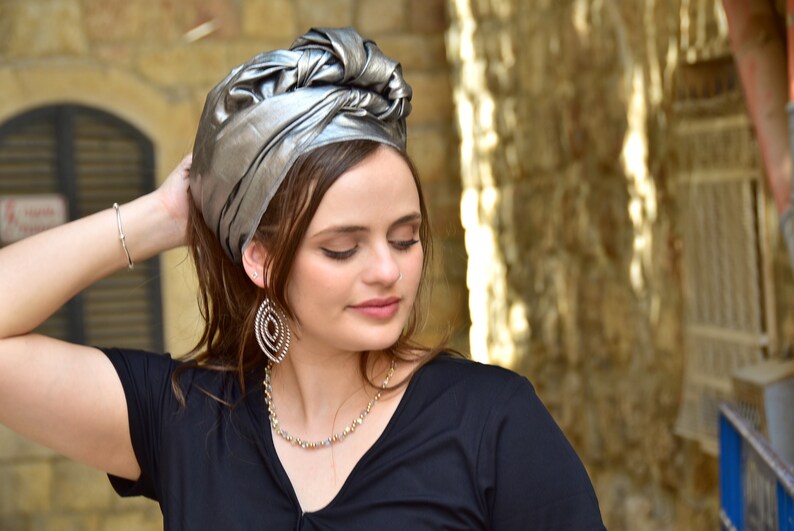 Yagel Silver Headwrap Tichel, Hair Snood, Head Scarf, Head Covering, Jewish Head covering, Scarf, Bandana, Apron, Chemo, Loss hair, Pashmina image 8