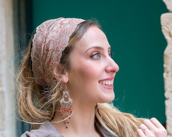 Stunning Cream & Umber Embellished Lace Headband Bandana, Tichel, Head Covering,scarf, Half Coveing, Pre-tied,loss Hair