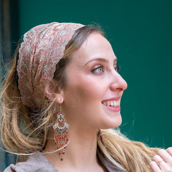 Stunning Cream & Umber Embellished Lace Headband Bandana, Tichel, Head Covering,scarf, Half Coveing, Pre-tied,loss Hair