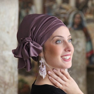 Purple Stretched Satin Turban Sinar Tichel, Hair Snood, Head Scarf, Head Covering, Jewish Headcovering, Scarf, Apron