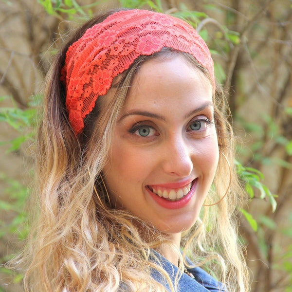 Stunning Orange/Peach Lace Headband Bandana, Tichel, Head Covering,scarf, Half Coveing, Pre-tied, Loss Hair