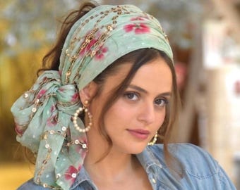 Tichel floreale Fairy Mint con paillettes dorate e fiori rosa, elegante foulard, copricapo, copricapo ebraico, bandana, per la perdita dei capelli